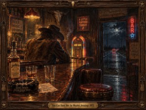 A solitary cowboy sits beneath amber lights in a weathered honky-tonk bar, surrounded by whiskey glasses, cigarette smoke, and glowing neon. Beyond the doorway, red taillights vanish along a rain-soaked highway. Rich oil textures, deep blues, and rustic browns convey heartbreak and resignation, framed by carved wood and engraved brass.