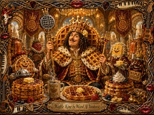 A whimsical baroque painting crowns a playful Waffle King in a lavish golden breakfast palace, surrounded by syrup cascades, towering waffles, butter, fruit, and cheerful food attendants. Warm amber lighting, rich reds, intricate textures, and theatrical depth create a triumphant comic mood, framed by instruments, piano keys, picks, and glossy lips.