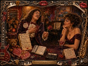 A richly painted cabaret scene shows an extravagantly romantic suitor offering a red rose to an amused woman across a candlelit table. Warm burgundy, gold, crimson, and violet tones glow beneath theatrical lighting. Love notes, flowers, a cassette, piano, microphone, and ornate musical frame heighten the playful, handcrafted romantic comedy.