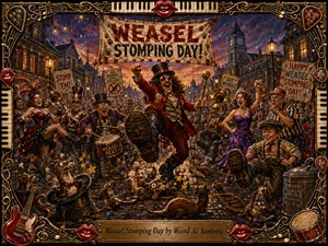 A wildly theatrical town parade erupts beneath a Weasel Stomping Day banner, led by a flamboyant top-hatted showman and cheering revelers amid confetti, brass instruments, and cartoonish weasels. Rich reds, golds, purples, and warm lamplight create festive chaos, framed by ornate musical filigree, piano keys, instruments, and glossy red lips.
