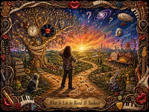 A whimsical painted landscape shows a puzzled figure at a winding crossroads beneath a glowing cosmic sky. Rich golds, violets, blues, and sunset oranges illuminate a surreal tree of life, carnival, animals, clocks, records, and floating questions. An intricate musical frame of strings, keys, picks, instruments, and red lips completes the scene.