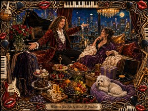 A lavish hand-painted penthouse scene shows a flamboyant curly-haired man presenting a world of indulgence to an amused woman reclining among purple cushions and fur. Warm gold lighting illuminates desserts, fruit, lobster, gifts, roses, instruments, and a small white dog, while a glowing blue city skyline adds depth behind an ornate musical frame.