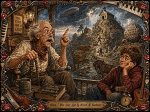 An animated elderly storyteller lectures a skeptical teenager from a weathered porch, while an absurdly steep school route unfolds behind them through storms, rocks, animals, and impossible hardships. Warm amber foreground light contrasts with cool blue-gray skies. Rich painterly textures, expressive faces, humorous details, and an ornate musical frame create nostalgic comic drama.