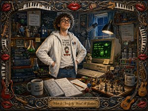 A proudly self-assured nerd stands amid a cluttered retro computer room packed with books, gadgets, equations, chess pieces, dice, and science equipment. Warm lamplight and green monitor glow contrast with cool midnight blues. Rich painterly textures, playful details, and an ornate musical frame create a humorous, nostalgic, handcrafted atmosphere.