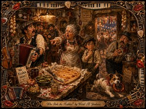 A richly detailed hand-painted folk scene unfolds in a warm, crowded kitchen where a missing kishka sparks comic suspicion among musicians, family members, and a mischievous dog escaping with sausage. Amber lighting, deep reds, earthy browns, rustic textures, expressive faces, and an ornate musical frame create lively old-world polka charm.
