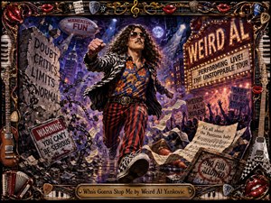 A flamboyant, curly-haired performer charges through a chaotic nighttime city-stage scene, radiating defiant energy and comic-rock swagger. Violet skies, neon marquee lights, and fiery concert glow illuminate shattered signs, flying sheet music, and cheering crowds. Rendered as a richly textured hand-painted work, the image is enclosed by an ornate musical frame studded with instruments, piano keys, and glossy red lips.