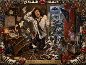 A frantic, curly-haired man stands in a cluttered doorway interior as every mishap seems to strike at once, from spilled coffee and smoking toast to a dog with toilet paper and a tipping fishbowl. Warm browns and reds contrast with the stormy gray outdoors, while dramatic lighting, rich painterly textures, and an ornate musical frame heighten the comic chaos.
