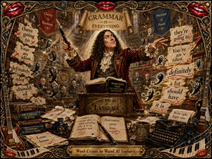 A flamboyant grammar enforcer presides over a grand library courtroom, surrounded by animated punctuation, corrected phrases, dictionaries, manuscripts, ink, and a vintage typewriter. Warm gold, crimson, mahogany, and parchment tones glow beneath dramatic cathedral lighting. An ornate musical frame of strings, piano keys, guitars, picks, and glossy red lips completes the theatrical painted scene.