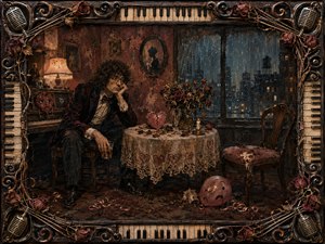 A lonely, curly-haired man sits beside a small table in a rain-darkened vintage apartment, surrounded by wilted roses, a cracked heart ornament, an empty chair, and faded celebration debris. Warm amber lamplight contrasts with cool blue city reflections, while the ornate musical frame deepens the handcrafted, melancholic, darkly comic atmosphere.
