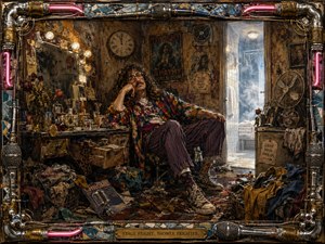 A weary, eccentric performer lounges amid overflowing laundry and clutter in a grimy backstage dressing room, while a bright, pristine bathroom glows beyond. Warm amber bulbs contrast with cool blue-white light, emphasizing decay and avoidance. Rich oil-paint textures, wilted flowers, vintage posters, scattered bottles, and an ornate industrial-musical frame add satirical detail.