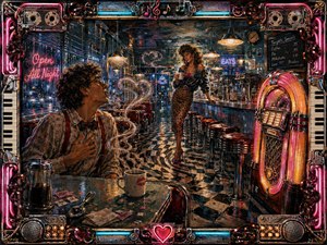 A neon-soaked 1980s diner pulses with comic romantic tension as a lovestruck man gazes toward a confident woman by the counter. Warped checkerboard floors, chrome stools, glowing jukebox lights, rain-streaked windows, and curling coffee steam create surreal energy. Rich acrylic textures, cyan, magenta, amber, and an intricate retro musical frame complete the scene.