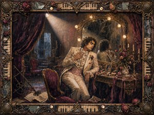 A melancholy performer in a rumpled ivory suit slumps before a cracked vanity mirror in a decaying theatrical dressing room. Warm amber bulbs and a sharp spotlight cut through burgundy shadows, revealing wilted roses, scattered music, ribbons, and tarnished ornaments. The richly textured, baroque painting blends faded glamour, satire, loneliness, and handcrafted detail.
