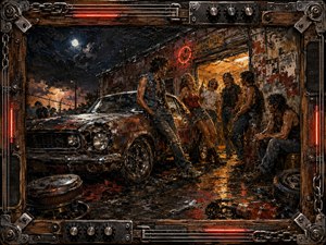 A rowdy group of young misfits gathers around a battered muscle car outside a grimy garage at night, radiating reckless confidence and comic rebellion. Thick impasto textures, rusty reds, oily blacks, amber light, wet reflections, and stormy blues create gritty energy, enclosed by a rugged music-inspired industrial frame.