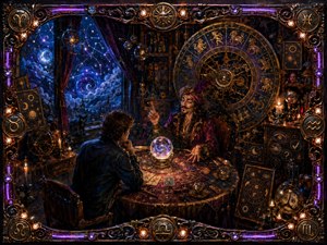 An ornate fortune-telling parlor glows with candlelight as a flamboyant astrologer gestures across a zodiac-covered table toward a thoughtful visitor. Deep blues, violets, burgundy, and antique gold create a mysterious, playful mood. A luminous crystal ball, celestial machinery, star-filled window, black cat, and intricate metallic frame enrich the handcrafted fantasy painting.
