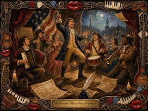 A spirited Revolutionary-era stage erupts with polka energy as a dramatic central performer leads accordion, violin, drum, and brass musicians beneath a moonlit colonial skyline. Rich burgundy, navy, gold, and amber tones glow in candlelight, while scattered parchment, quills, sheet music, and an ornate instrument-filled frame heighten the theatrical painted spectacle.