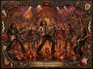 A jubilant rock-polka celebration fills a fiery vintage ballroom, led by a grinning accordionist surrounded by dancers, guitarists, and a drummer. Glowing embers, polished floors, warm amber and crimson light, theatrical haze, and swirling musical notes create energetic depth. An ornate instrument-filled frame and engraved title plate complete the richly painted scene.
