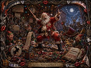 A wild-eyed Santa dominates a wrecked North Pole workshop, surrounded by terrified elves, startled reindeer, shattered toys, scattered lists, and festive debris. Rich reds, greens, golds, and icy blues glow under dramatic moonlight and Christmas bulbs. The detailed hand-painted style blends dark comedy, theatrical chaos, and rock-and-roll energy within an ornate musical frame.