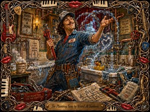 A cheerful plumber stands heroically amid a chaotic vintage bathroom, gripping a red wrench as water arcs dramatically around copper pipes, valves, tools, and overflowing fixtures. Warm amber light contrasts with cool blue splashes, while a richly textured painted style and ornate musical frame add humor, energy, and theatrical charm.