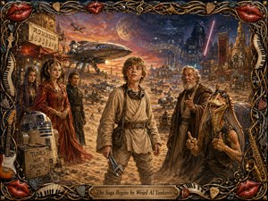 A richly painted desert space adventure centers on a hopeful young traveler surrounded by regal companions, a wise mentor, comic alien, droid, racers, and hovering spacecraft. Warm golds and oranges contrast with deep cosmic blues, while dramatic sunset lighting, painterly textures, musical symbols, and an ornate instrument-and-lips frame create playful epic grandeur.