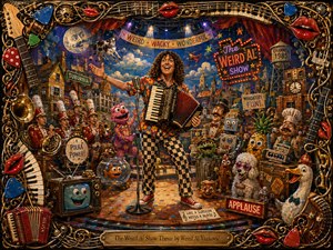 A jubilant accordion-playing performer commands a fantastical variety-show stage surrounded by marching musicians, puppets, animals, robots, quirky props, and surreal suburban scenery. Rich reds, blues, golds, and yellows glow under theatrical spotlights. The intricate hand-painted style features lively textures, comic details, confetti, and an ornate music-themed frame.