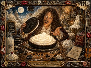A jubilant curly-haired figure presents an enormous cream-filled chocolate cookie inside a fantastical dessert palace, surrounded by milk, crumbs, whipped cream, and whimsical confectionery details. Warm golds, deep browns, creamy whites, and red accents glow under theatrical lighting, while textured oil-like brushwork and an ornate musical frame create playful, decadent grandeur.