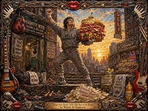 A triumphant boxer-like hero stands on city steps at sunrise, hoisting an enormous deli sandwich beside a gritty boxing-and-deli storefront. Warm golds, reds, and browns glow through textured, hand-painted brushwork, while scattered pickles, mustard, and gym props deepen the parody. An ornate musical frame surrounds the lively, humorous, cinematic scene.