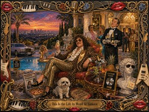 A flamboyant, curly-haired man lounges beside a luxurious mansion pool, raising champagne amid glamorous guests, a tuxedoed waiter, exotic decor, and playful symbols of excess. Warm sunset golds, deep blues, and rich reds create theatrical lighting and depth. Detailed oil-paint textures and an ornate musical frame heighten the satirical, celebratory mood.