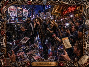 A weary celebrity pushes through a frantic nighttime paparazzi swarm outside a neon-lit club, guarded by security amid flashing cameras, microphones, tabloids, and wet reflective pavement. Deep blues, blacks, reds, and golds heighten the chaotic satire, while richly textured painterly detail and an ornate musical frame emphasize fames invasive spectacle.