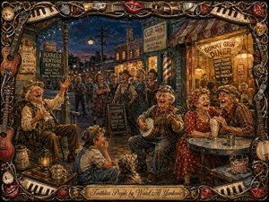 A richly textured folk-style painting shows a lively small-town night gathering of cheerful toothless residents outside a glowing diner and barber shop. Warm amber lights contrast with deep twilight blues, while expressive faces, rustic storefronts, musical performers, dentures, playful signs, and an ornate instrument-filled frame create humorous, affectionate visual storytelling.