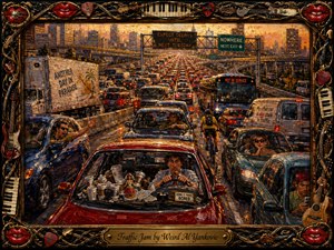 A richly textured hand-painted scene shows a sprawling urban traffic jam at sunset, with frustrated, bored, and distracted drivers packed across glowing lanes beneath witty highway signs. Warm golds, reds, and deep blues heighten the comic tension, while an ornate musical frame of instruments, piano keys, picks, and red lips surrounds the chaos.