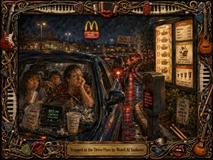 A richly textured painted night scene shows a weary family trapped in a seemingly endless fast-food drive-thru, surrounded by glowing menu boards, brake lights, wet pavement, and comic signs. Warm reds, amber lights, and cool blue shadows create cinematic depth, while an ornate musical frame and engraved title plate complete the humorous composition.