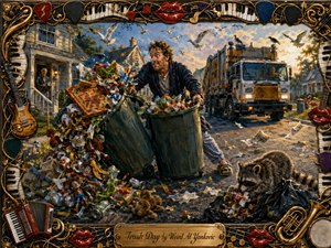 A frantic homeowner wrestles overflowing trash bins along a sunlit suburban street as a garbage truck approaches and a raccoon scavenges nearby. Warm golden light, scattered refuse, circling birds, and expressive brushwork create comic chaos. An ornate musical frame of piano keys, guitars, strings, picks, and glossy red lips surrounds the richly detailed painting.