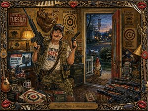 A wide-eyed suburban gun enthusiast stands proudly in a cluttered, paranoia-filled living room packed with targets, ammunition, warning signs, patriotic objects, and comic details. Warm amber lamplight contrasts with cool blue dusk outside, creating theatrical depth. Rich painterly textures, exaggerated expressions, and an ornate musical frame reinforce the darkly humorous satire.