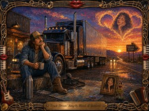 A wistful trucker sits beside his gleaming semi at a desert truck stop, gazing into a fiery sunset where a womans face appears within heart-shaped clouds. Warm oranges, purples, chrome reflections, and glowing headlights create cinematic depth. Rich oil-painted textures, roadside details, musical framing, and romantic symbols blend humor with loneliness.