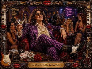A flamboyant, mustachioed lounge player reclines confidently in a purple patterned suit, surrounded by admiring patrons, cocktails, cards, roses, and a live jazz band. Rich reds, golds, purples, and midnight blues glow under dramatic club lighting. The detailed painted scene is framed with instruments, piano keys, guitar strings, picks, and glossy red lips.