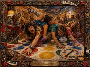 A chaotic Twister game erupts across a crowded retro living room, with laughing players tangled over vivid red, yellow, blue, and green circles. Warm amber lighting, deep shadows, swirling brushwork, and thick painterly textures heighten the comic energy. An ornate musical frame surrounds the scene, crowned by an engraved title plate.