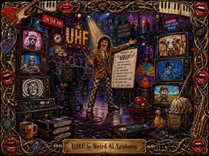 A wildly energetic painted television studio surrounds an eccentric host amid glowing vintage screens, tangled cables, game-show props, and surreal broadcasts. Saturated reds, blues, golds, and neon accents blaze beneath theatrical spotlights. Rich brushwork and glossy reflections create depth, while the intricate musical frame and engraved UHF monogram complete the playful retro spectacle.
