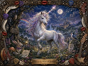 A luminous white unicorn stands proudly in a moonlit enchanted meadow, surrounded by wildflowers, mushrooms, mist, whimsical animals, and a glowing distant castle. Rich blues, violets, golds, and pearly highlights create a playful fantasy mood. An ornate musical frame of instruments, piano keys, picks, strings, and red lips completes the hand-painted scene.