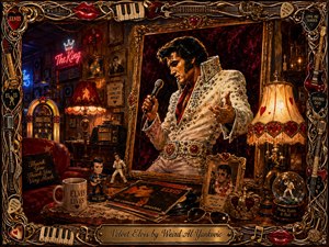 A richly painted retro shrine centers on a velvet-style portrait of a rhinestone-clad rock-and-roll icon, surrounded by jukeboxes, records, lamps, memorabilia, and glowing neon. Deep reds, golds, cream, and amber create theatrical warmth, while an intricate musical frame of strings, keys, picks, instruments, and glossy lips completes the nostalgic scene.
