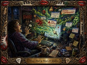 A terrified computer user recoils as a glowing monitor erupts with snarling viruses, scam pop-ups, warning signs, tangled code, and electric green digital chaos. Toxic greens, crimson alerts, and cold blue light create frantic comic tension. An ornate musical frame of guitars, piano keys, strings, picks, and glossy red lips surrounds the richly painted scene.