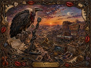 A regal vulture perches beside a vintage microphone above a sprawling desert canyon at sunset, surveying a surreal landscape of musical debris, broken signs, and forgotten show-business relics. Rich rust, gold, purple, and crimson tones glow under dramatic light, while an ornate instrument-filled frame adds theatrical, darkly humorous detail.