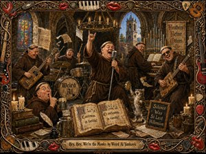 A jubilant band of brown-robed monks performs inside a candlelit medieval abbey, blending sacred architecture with playful rock-and-roll energy. Warm golds, deep browns, stained-glass colors, and dramatic highlights enrich the detailed painted style. Instruments, manuscripts, flying sheet music, a singing cat, and an ornate musical frame heighten the humorous atmosphere.