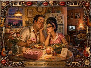 A warmly painted suburban kitchen scene shows an affectionate middle-aged couple sharing dinner, donuts, and quiet humor at a cluttered table. Golden lamplight, rosy pinks, teal accents, and deep browns create a nostalgic mood. Rich handcrafted textures, whimsical household details, and an ornate musical frame add playful romantic character.