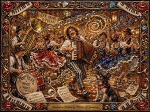 A jubilant accordion player leads a swirling polka celebration inside a richly detailed old-world dance hall, surrounded by dancers, brass musicians, flying sheet music, and festive lights. Warm golds, reds, blues, and polished brass glow under theatrical lighting. Thick painterly textures and an ornate music-themed frame amplify the playful, energetic mood.