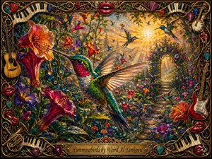 A vibrant hummingbird hovers among lush trumpet flowers in a glowing enchanted garden, surrounded by smaller birds in flight. Jewel-toned greens, reds, purples, and oranges shimmer beneath warm golden sunlight. Musical notes weave through the foliage, while an ornate instrument-filled frame and engraved title plate complete the richly textured painted scene.