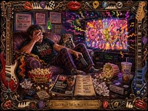 A horrified man recoils on a cluttered couch while peeking through his fingers at an outrageously chaotic television spectacle. Neon pink, yellow, blue, and purple light floods the dim room, illuminating spilled popcorn, remotes, signs, and a bewildered dog. The richly textured painted style is playful, theatrical, satirical, and dramatically expressive.