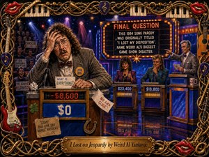 A richly painted retro game-show scene shows a curly-haired contestant collapsing in comic despair at his podium while confident rivals and a smiling host look on. Electric blues, purples, reds, and golds glow beneath theatrical spotlights. An ornate musical frame of instruments, piano keys, strings, and glossy red lips surrounds the lively composition.