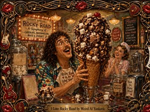 A whimsical hand-painted ice cream parlor scene centers on an ecstatic curly-haired man embracing an enormous rocky road cone piled with chocolate, marshmallows, nuts, and fudge. Warm golden lighting, nostalgic diner details, rich browns and reds, and an ornate musical frame create a playful, theatrical mood with vivid depth and texture.