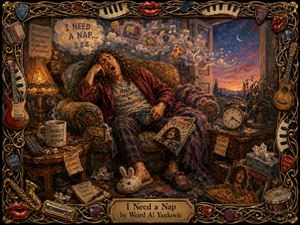 A weary, curly-haired man slumps in a worn armchair inside a cluttered, cozy room, surrounded by mugs, clocks, notes, pizza, and drifting musical symbols. Warm amber lamplight contrasts with a dreamy purple-orange twilight outside. Rich oil-painted textures, humorous details, and an ornate instrument-filled frame create a whimsical, exhausted mood.