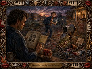 A richly textured painting shows a reflective man studying an old school yearbook while memories of mischievous Larry unfold across a suburban neighborhood at sunset. Broken bicycles, firecrackers, damaged gardens, and graffiti create dark humor and nostalgia. Warm amber lights contrast with blue-purple shadows, framed by ornate musical instruments, keys, strings, picks, and glossy red lips.